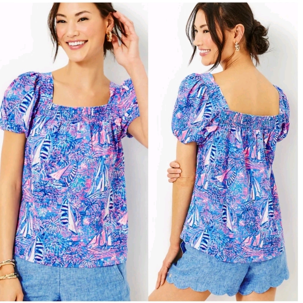 Lilly Pulitzer Keating Short Sleeve Linen Top Oca Blue Sailabration